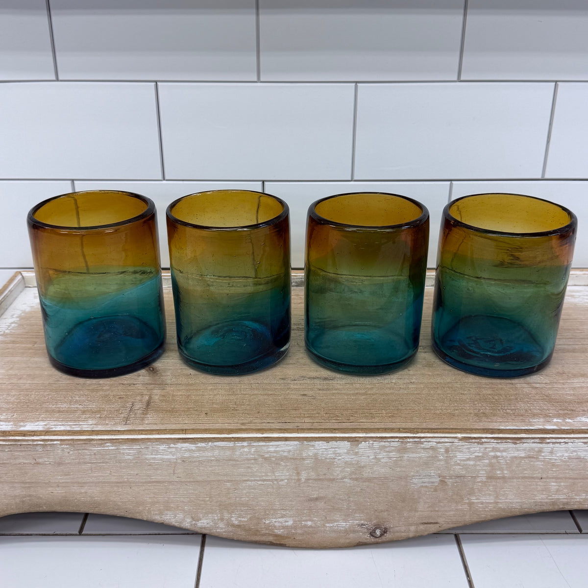 Handblown Ombré Amber Blue Green Art Glass Tumbler Set of 4