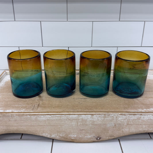 Handblown Ombré Amber Blue Green Art Glass Tumbler Set of 4