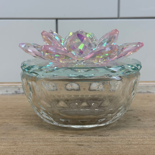 Iridescent Pink Crystal Lotus Flower Glass Trinket Jewelry Box