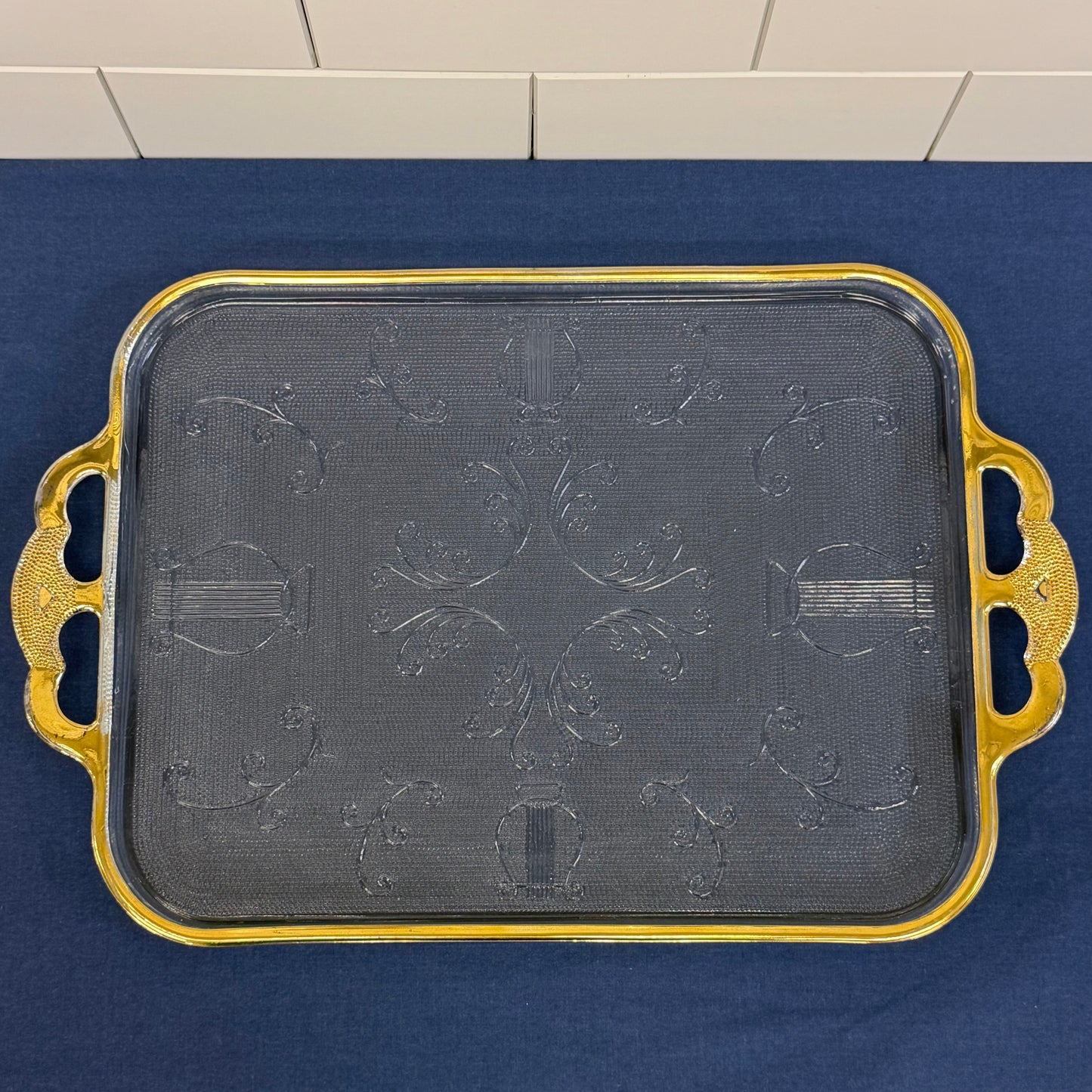 Jeannette Harp Lyre Serving Tray Gold-Trimmed Glass 1950s