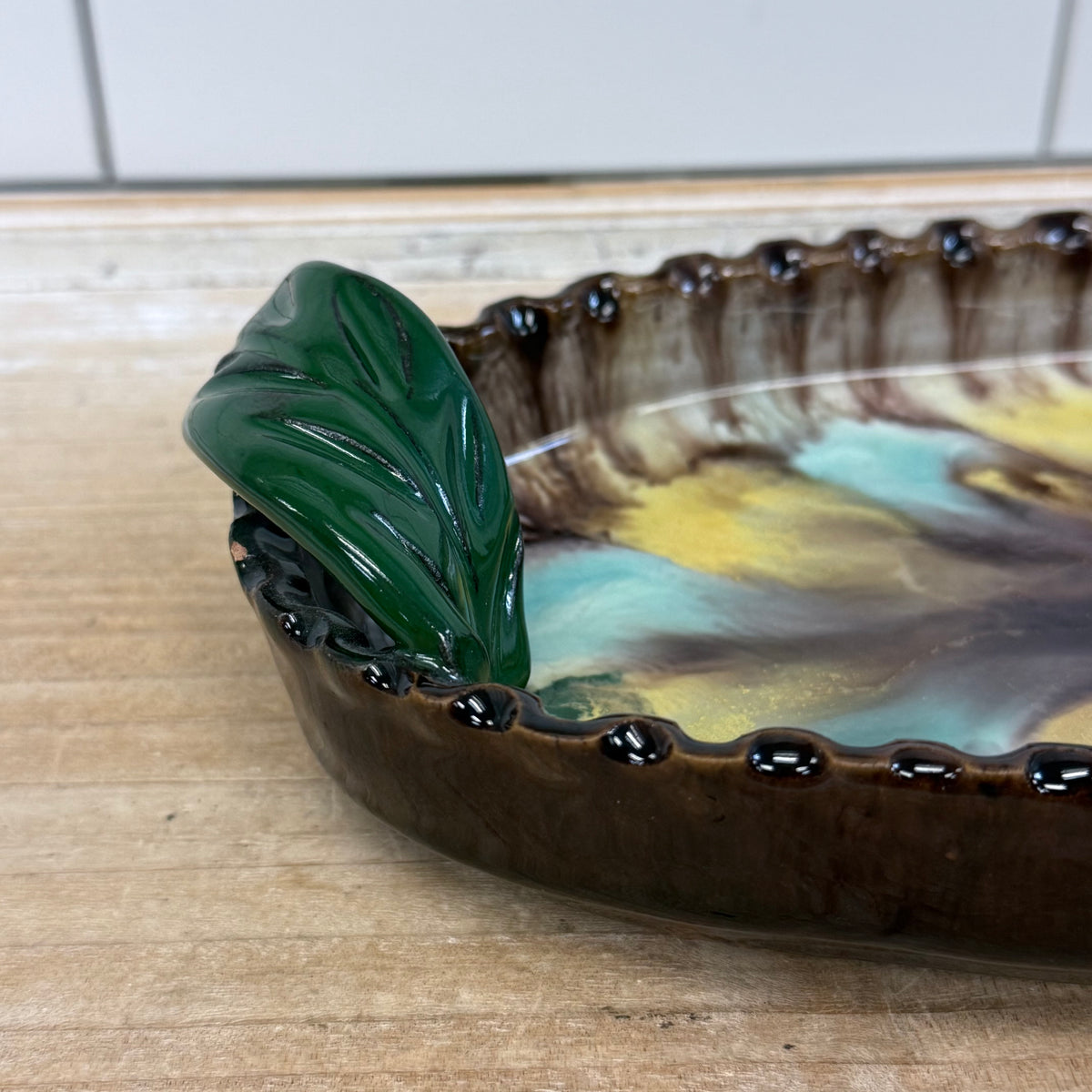 Austrian Art Pottery Drip Glaze Oval Tray Leaf Handles