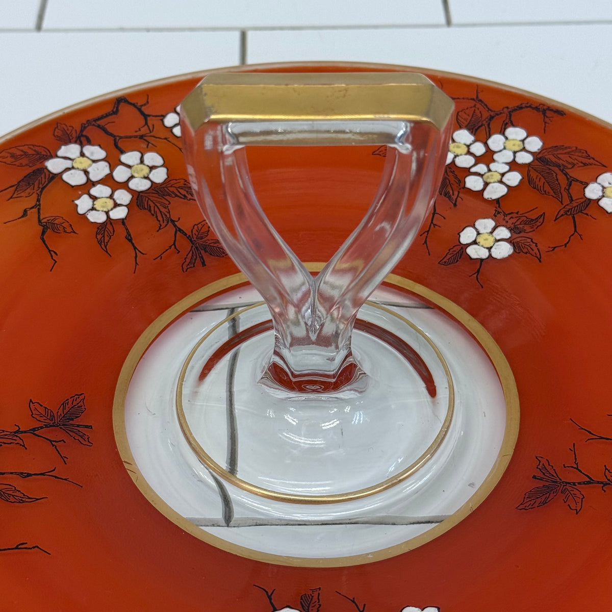 Art Deco Orange Floral Glass Serving Tray 1930s