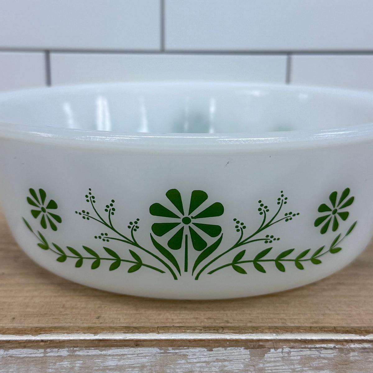 Glasbake Green Daisy Milk Glass Casserole Dish