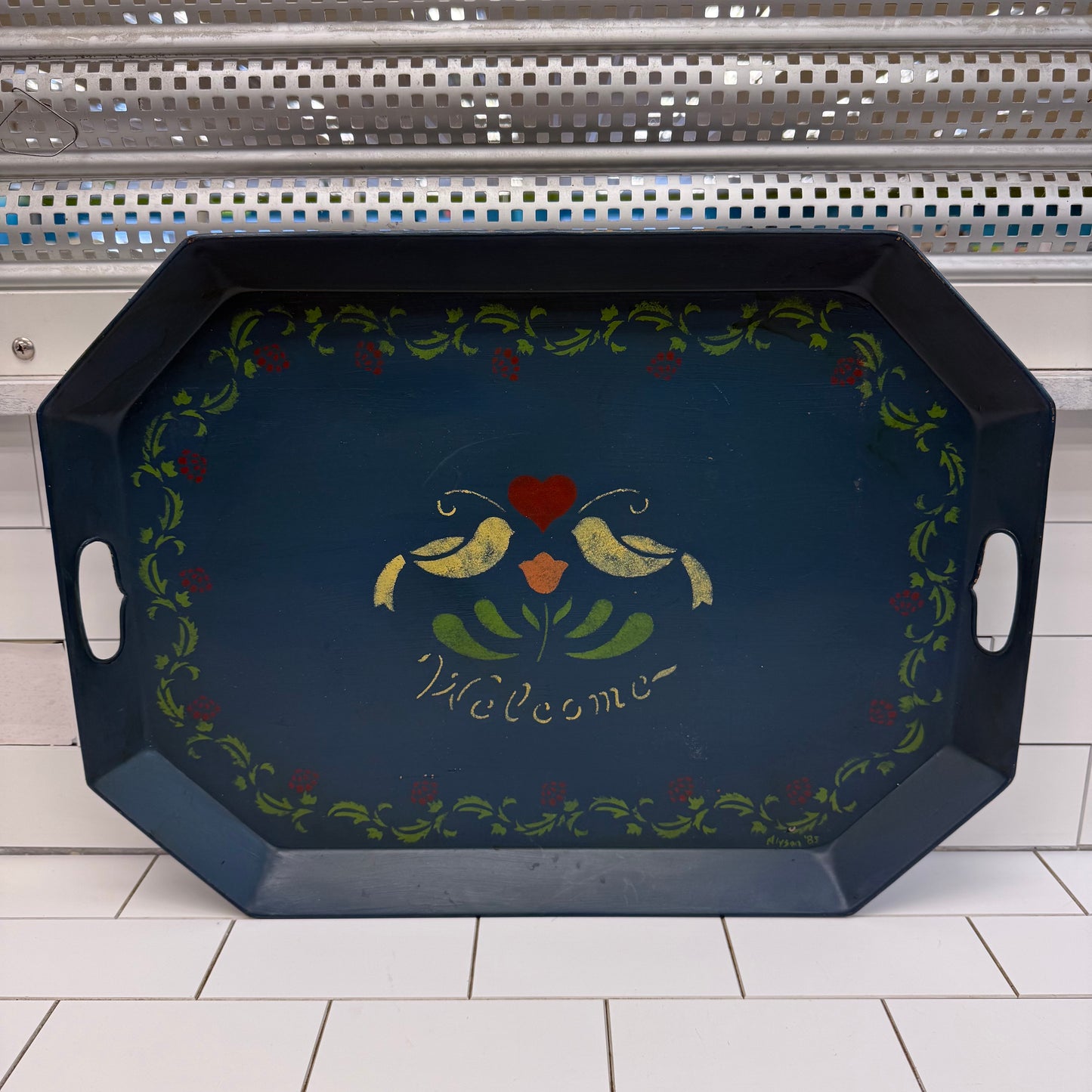 Vintage Folk Art Toleware Serving Tray Signed 1985