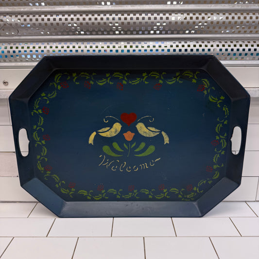 Vintage Folk Art Toleware Serving Tray Signed 1985