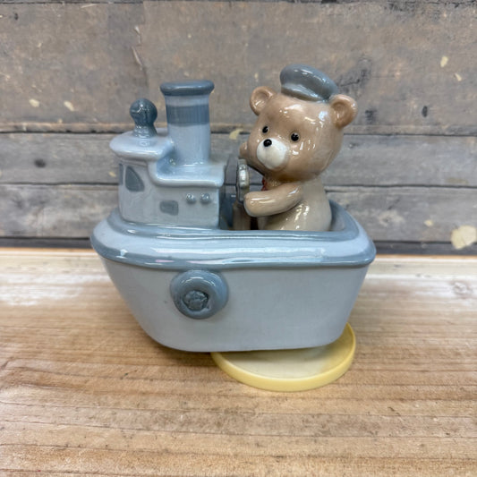 ArtMark Teddy Bear Tugboat Porcelain Music Box Figurine