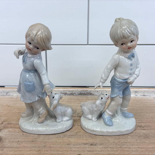 KPM Boy & Girl with Puppies Figurines Set of 2