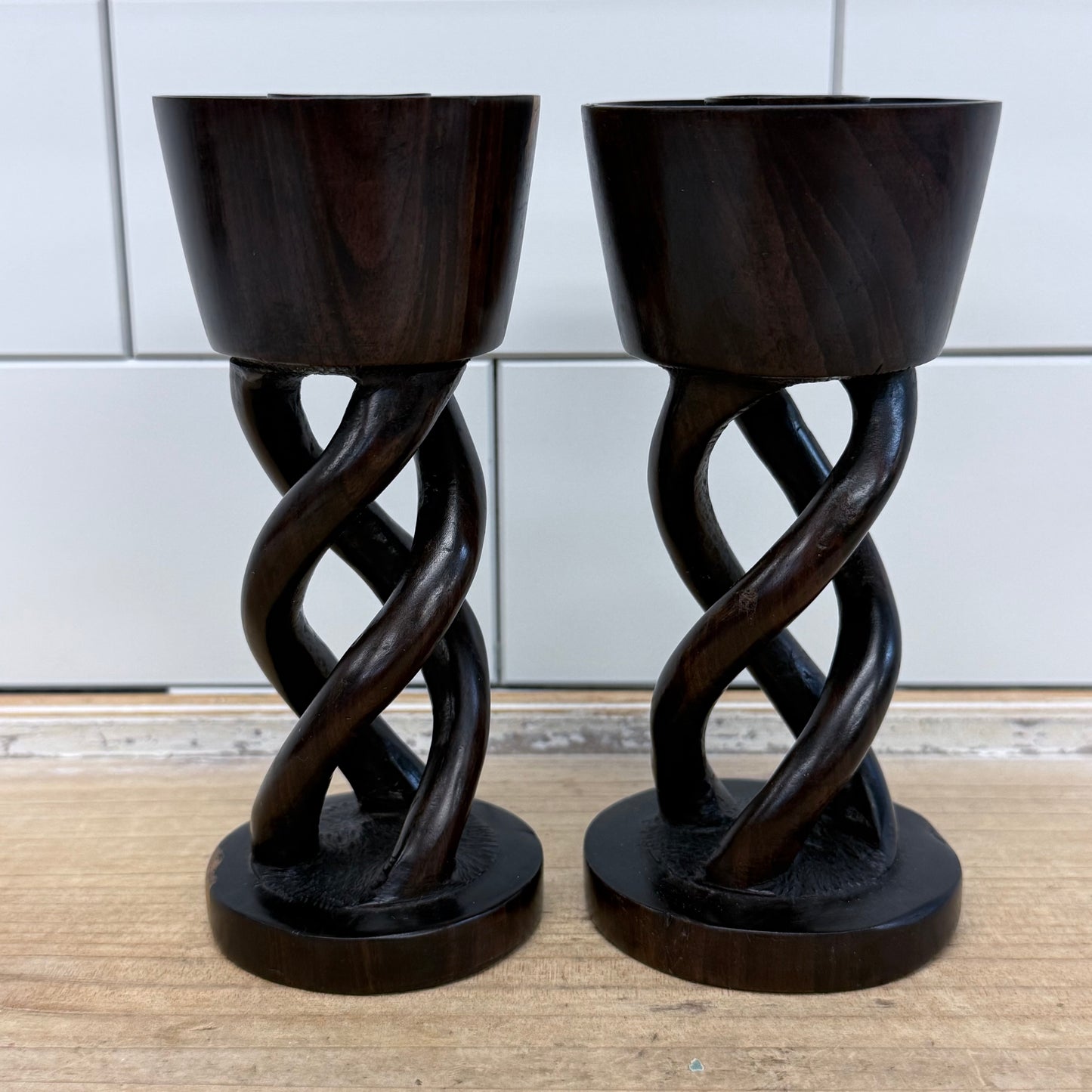 Hand Carved Twisted Helix Wood Candlestick Holders, Set of 2