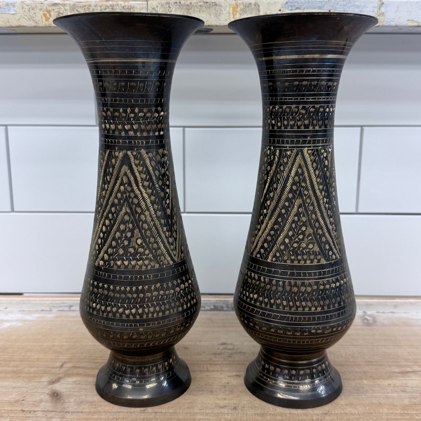 Etched Brass Pedestal Vases Set of 2 Geometric Decor Pair