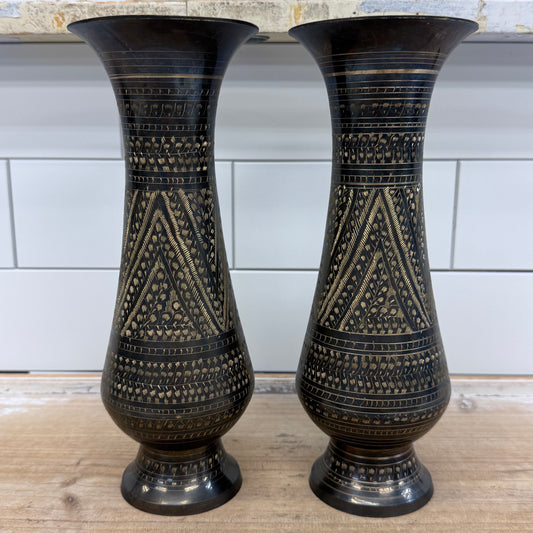 Etched Brass Pedestal Vases Set of 2 Geometric Decor Pair