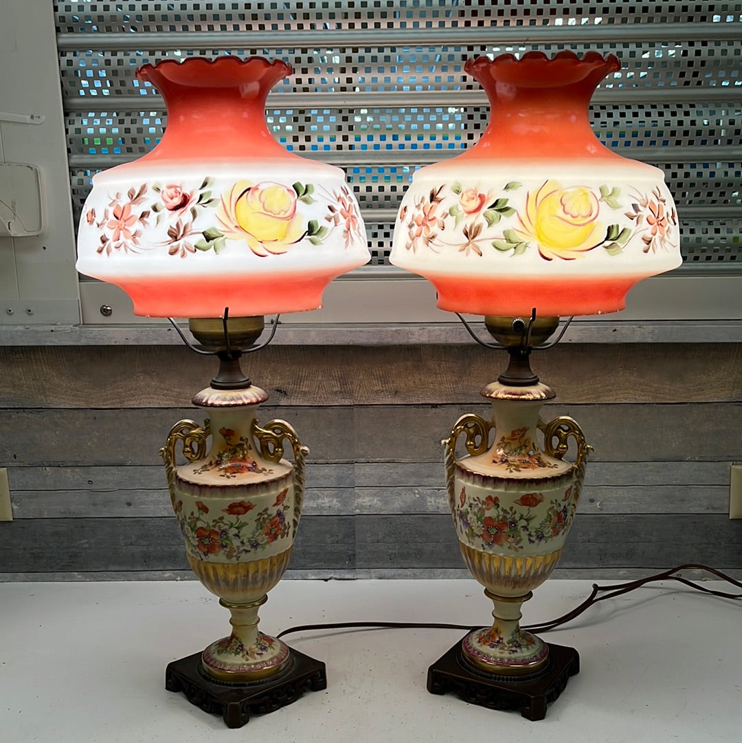 Vintage Hand-painted Parlor Hurricane Globe Lamps, Set of 2