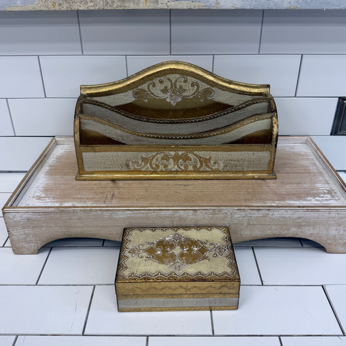 Italian Florentine Giltwood Desk Organizer Set