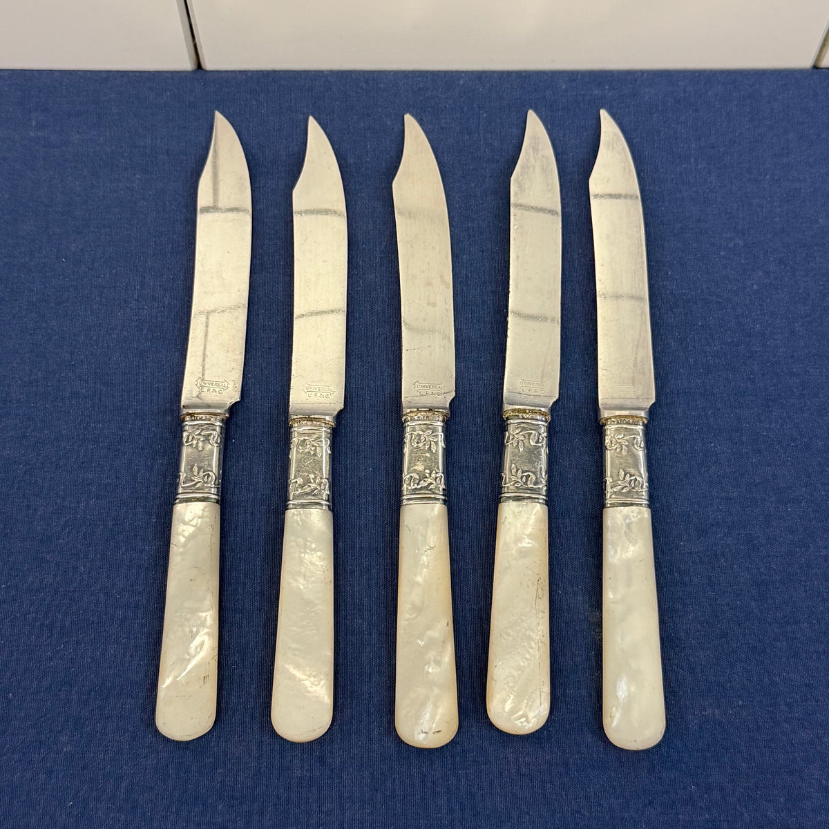 L.F.& C. Mother of Pearl Fruit Knives & Cake Server Set 1890s
