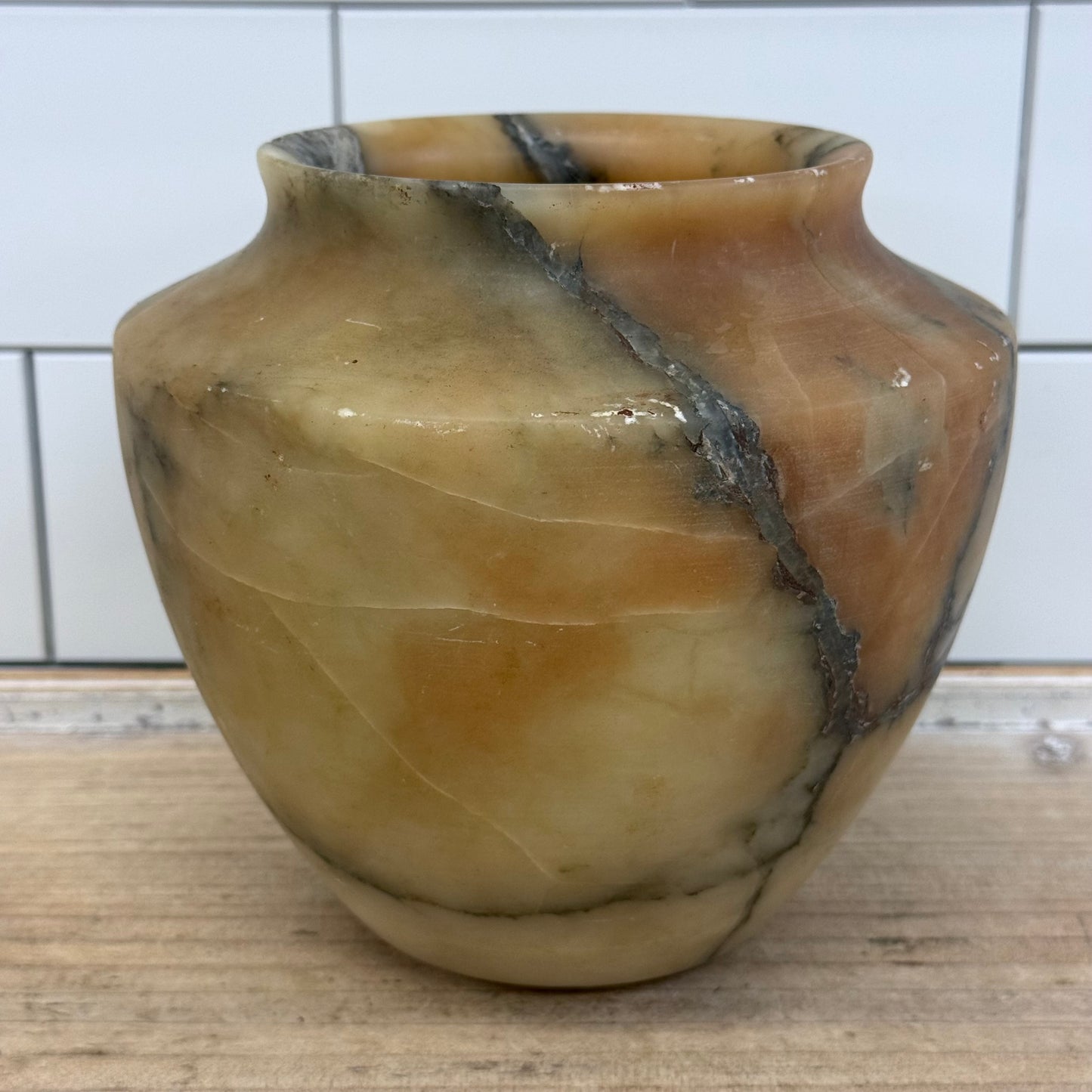 Natural Alabaster Stone Vase Hand Carved Decorative Vessel Vintage