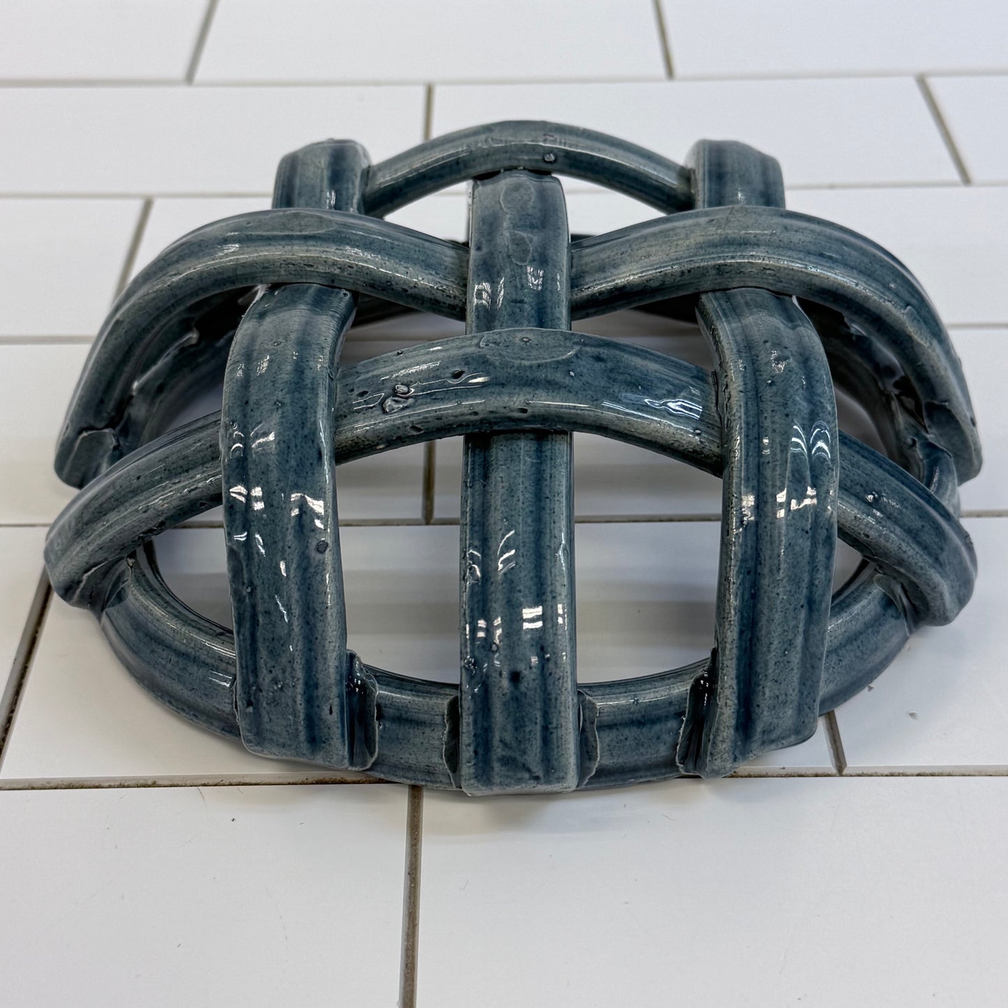 Studio Art Pottery Open Lattice Ceramic Bowl Blue Gray