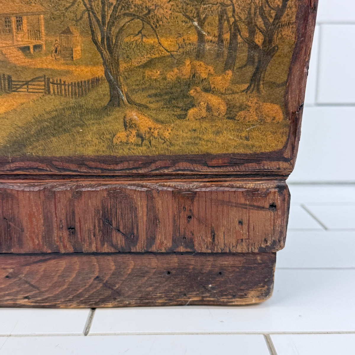Colonial Americana Wood Wastebasket Scenic Panels