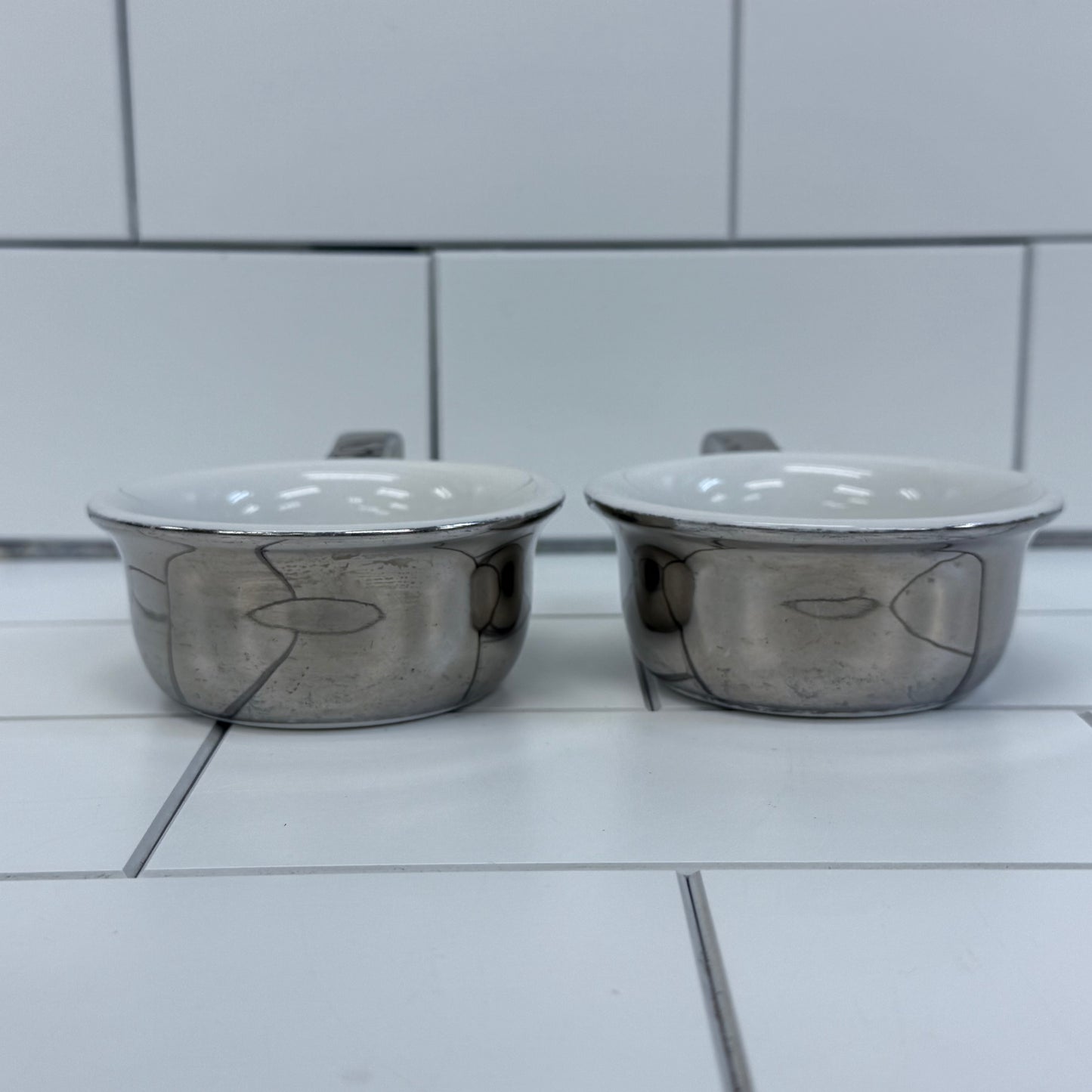 Royal Worcester Cocottes True Silver Lustre, Porcelain Set of 2