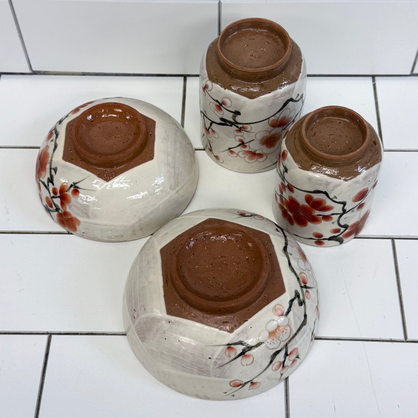 Japanese Kiyomizu-yaki Plum Blossom Bowls & Cups Set of 4