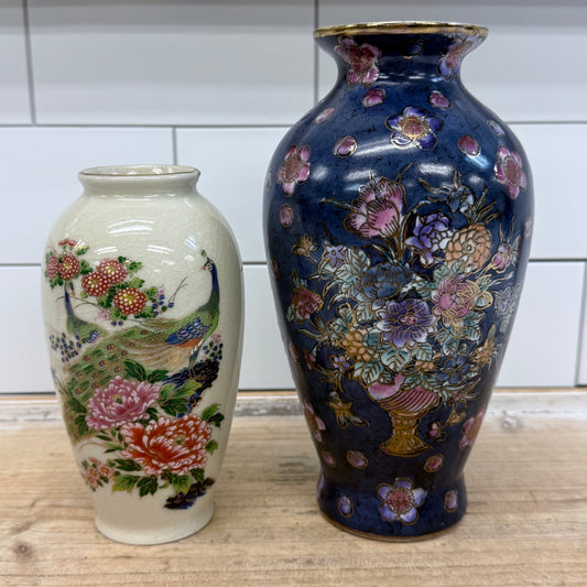 Porcelain Peacock & Floral Vases Set of 2