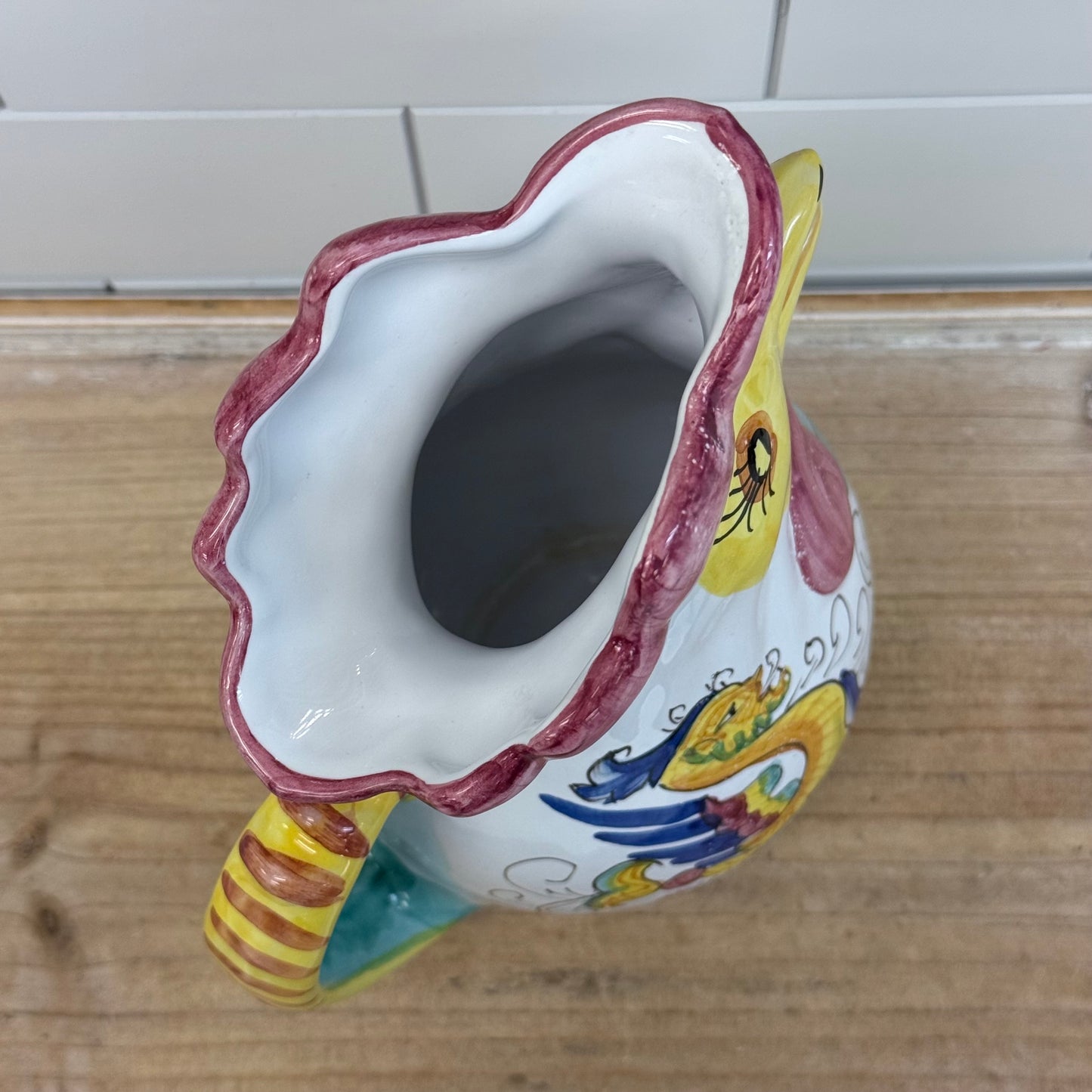 Italian Hand Painted Rooster Ceramic Pitcher Majolica Style