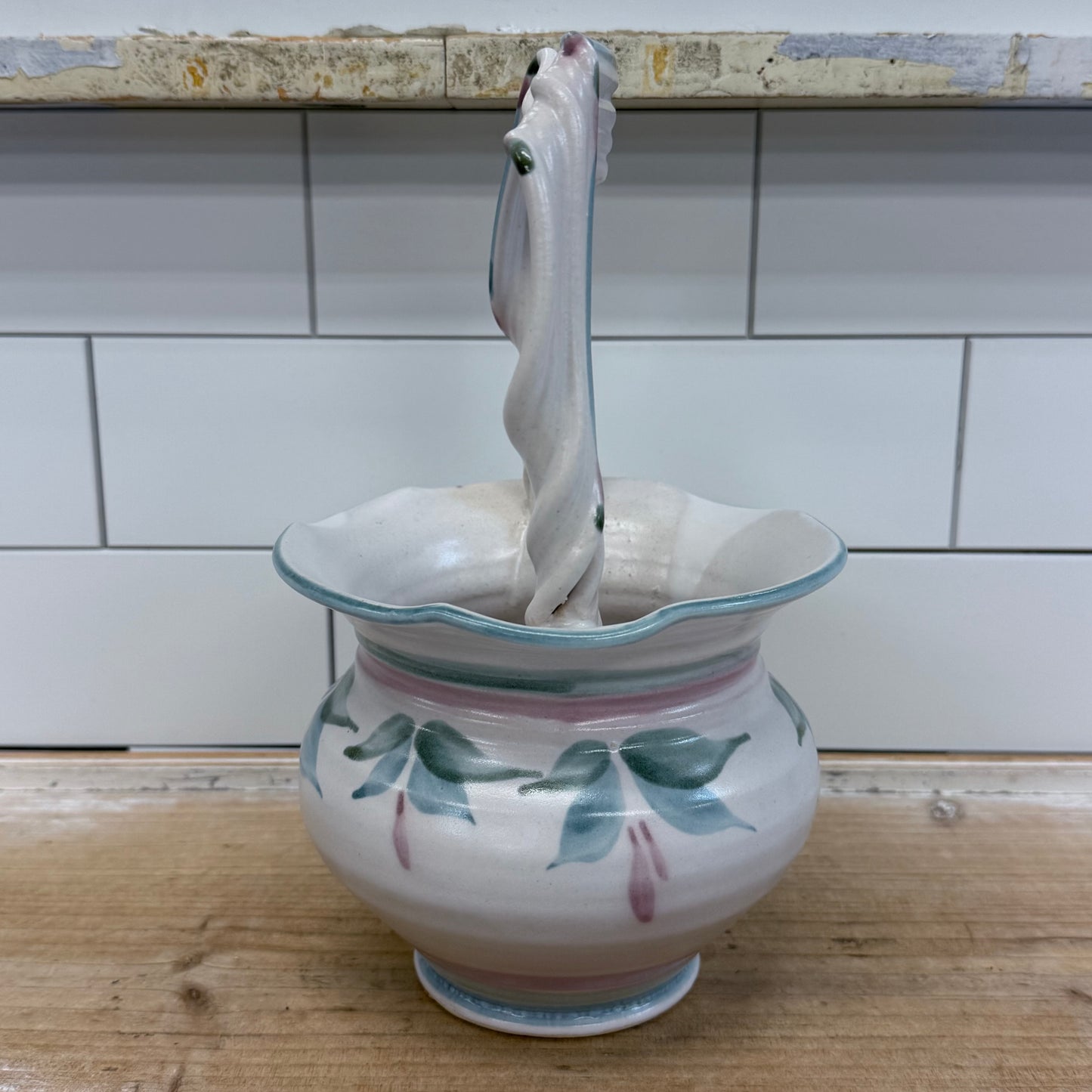Studio Art Pottery Floral Basket Twisted Handle Signed Ceramic