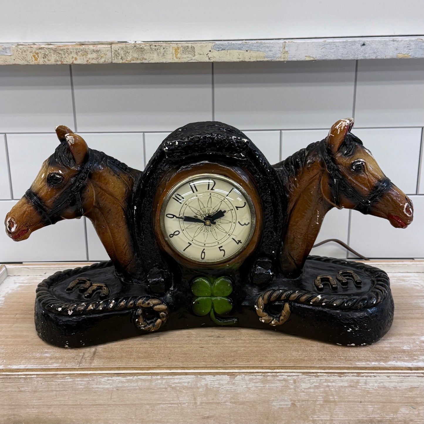 Lanshire Horse Chalkware Mantel Clock 1950s