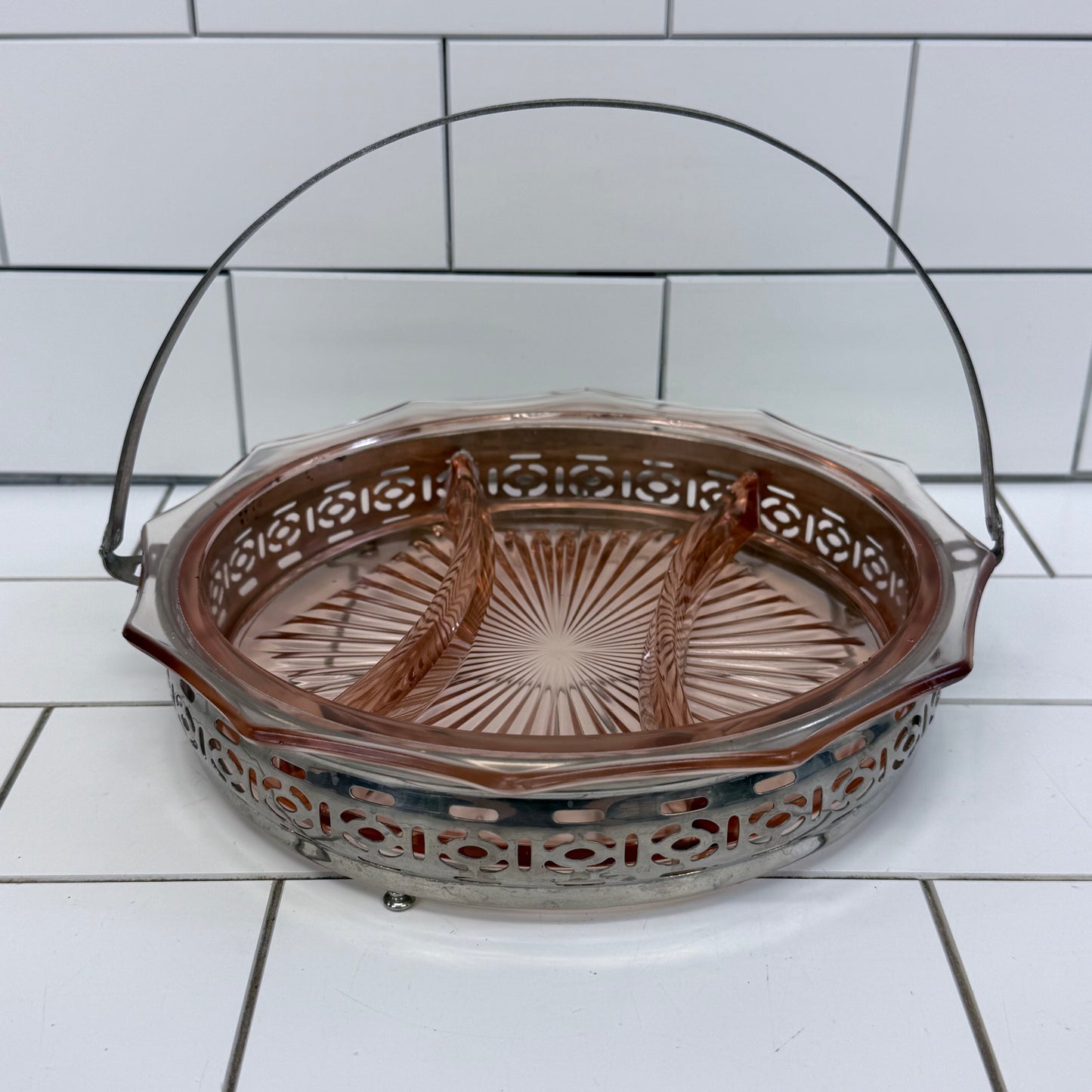 Pink Depression Glass Divided Relish Tray Carrier