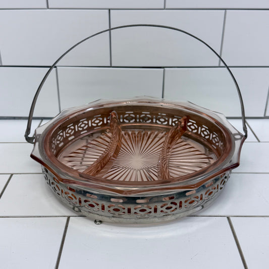Pink Depression Glass Divided Relish Tray Carrier