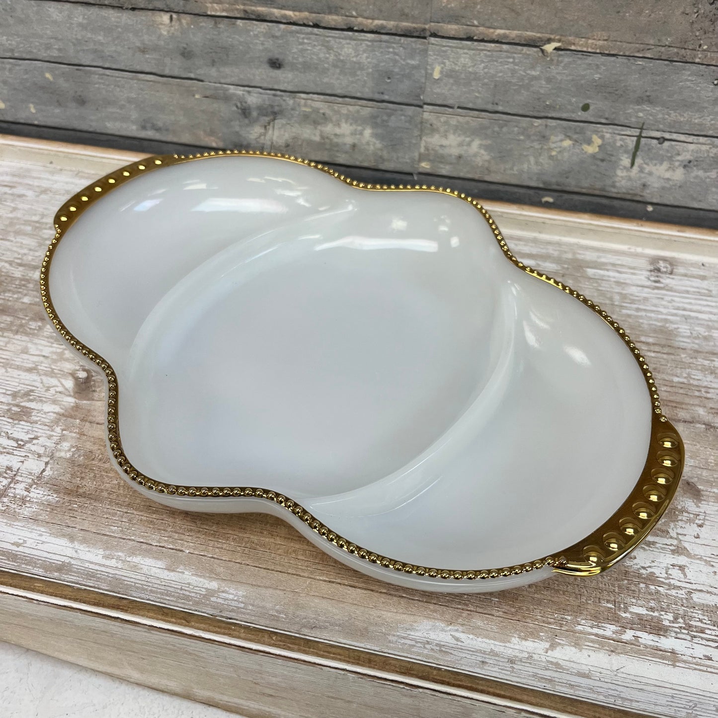 Fire King Gold Rimmed Milk Glass Divided Dish