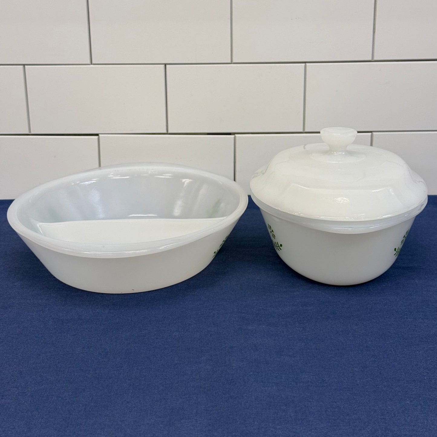 Glasbake Green Daisy Milk Glass Casserole Dishes Set of 2