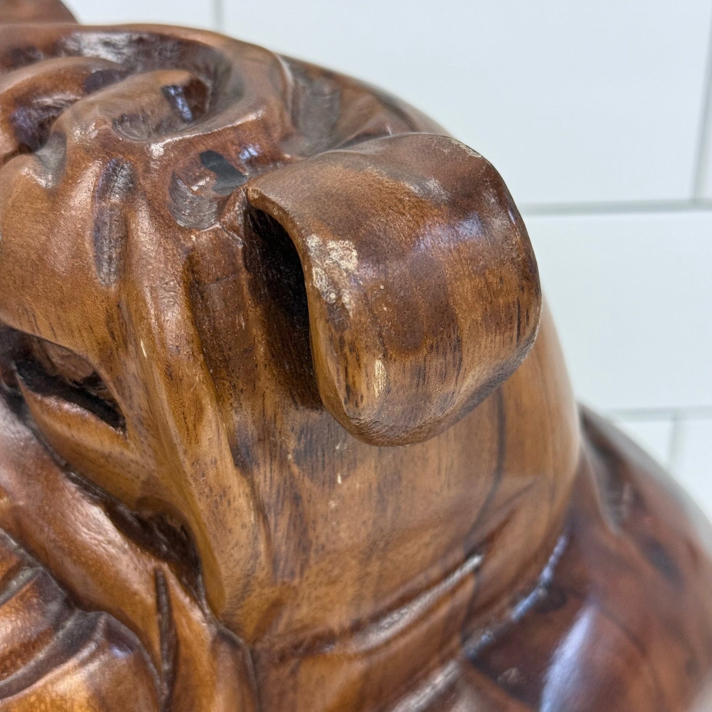 Hand Carved Wooden Bulldog Statue Vintage Hardwood 11”