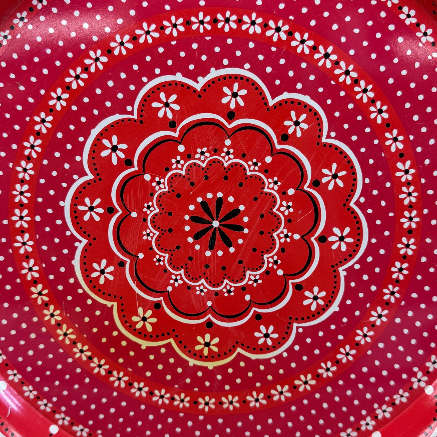 Folk Art Metal Serving Tray with Polka Dot Floral Design