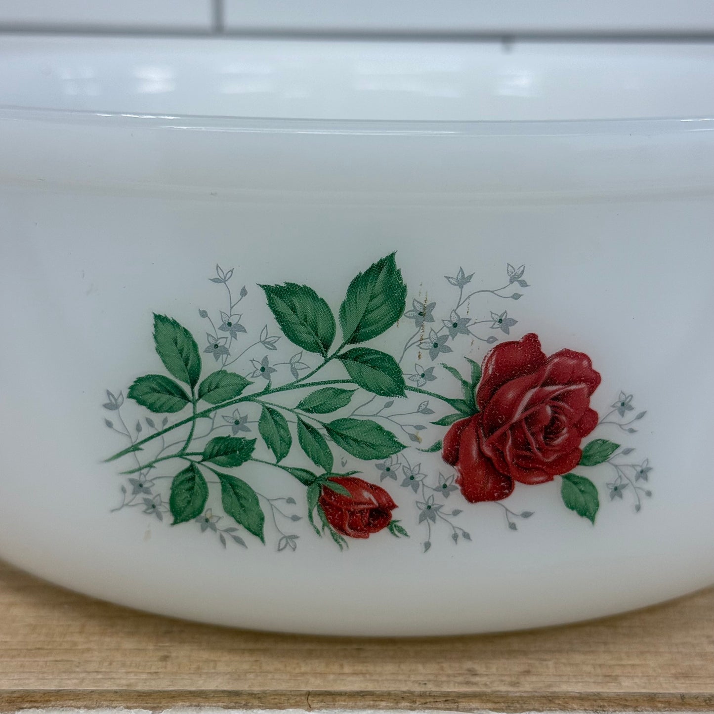 Arcopal France Rose Floral Milk Glass Serving Bowl 1970s