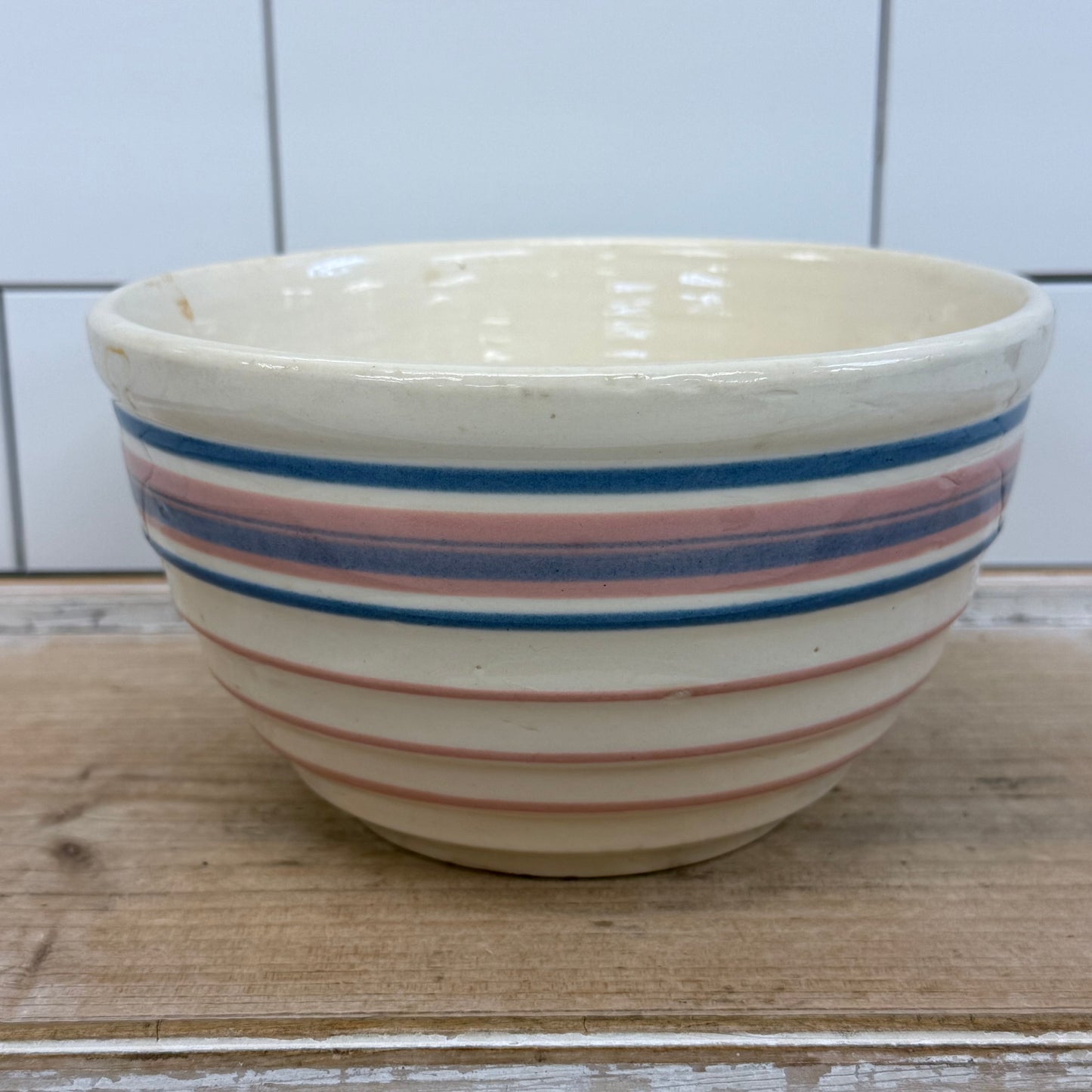 American Pink & Blue Band Stoneware Mixing Bowl 1930s