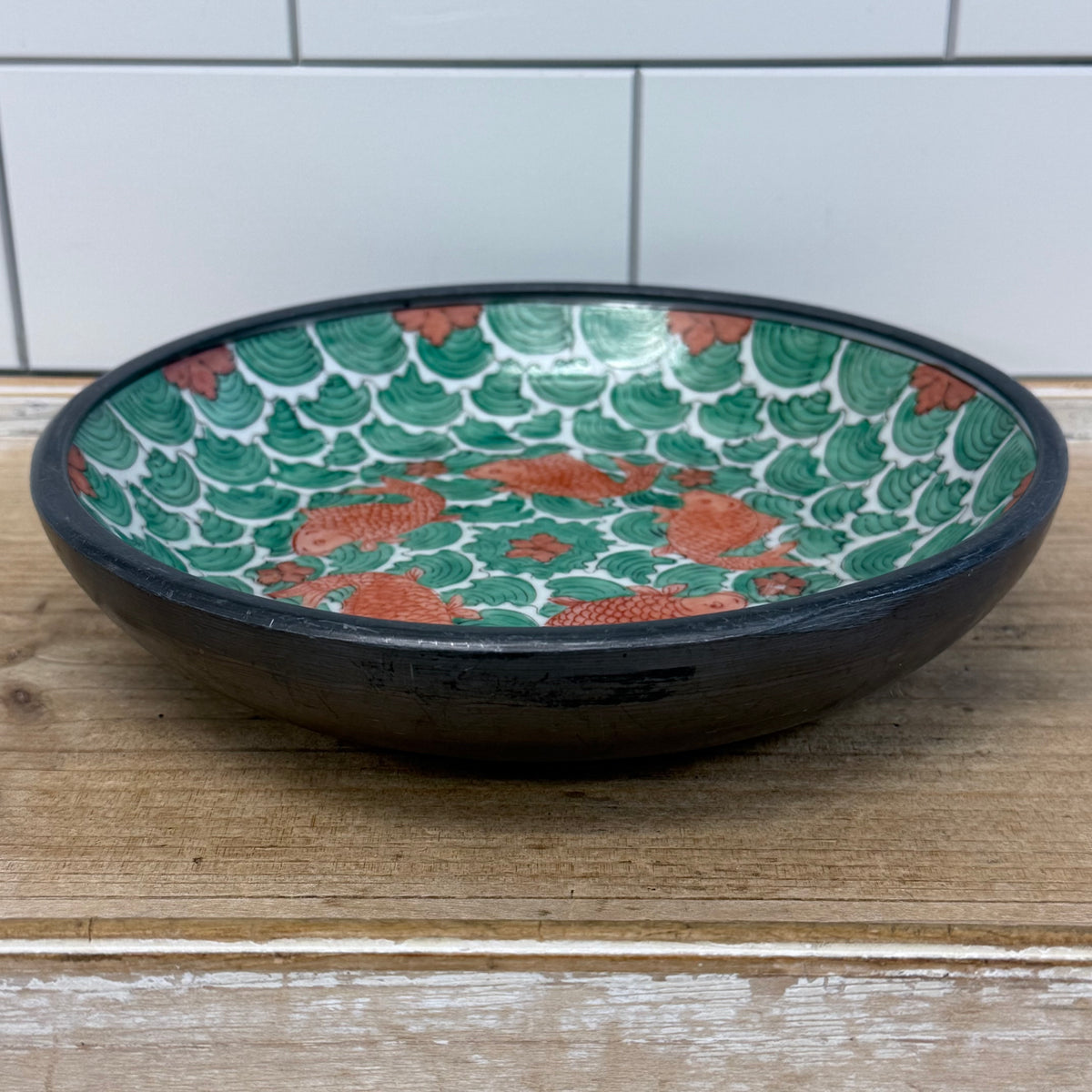 Asian Porcelain Koi Fish Bowl with Pewter Collar 1970s