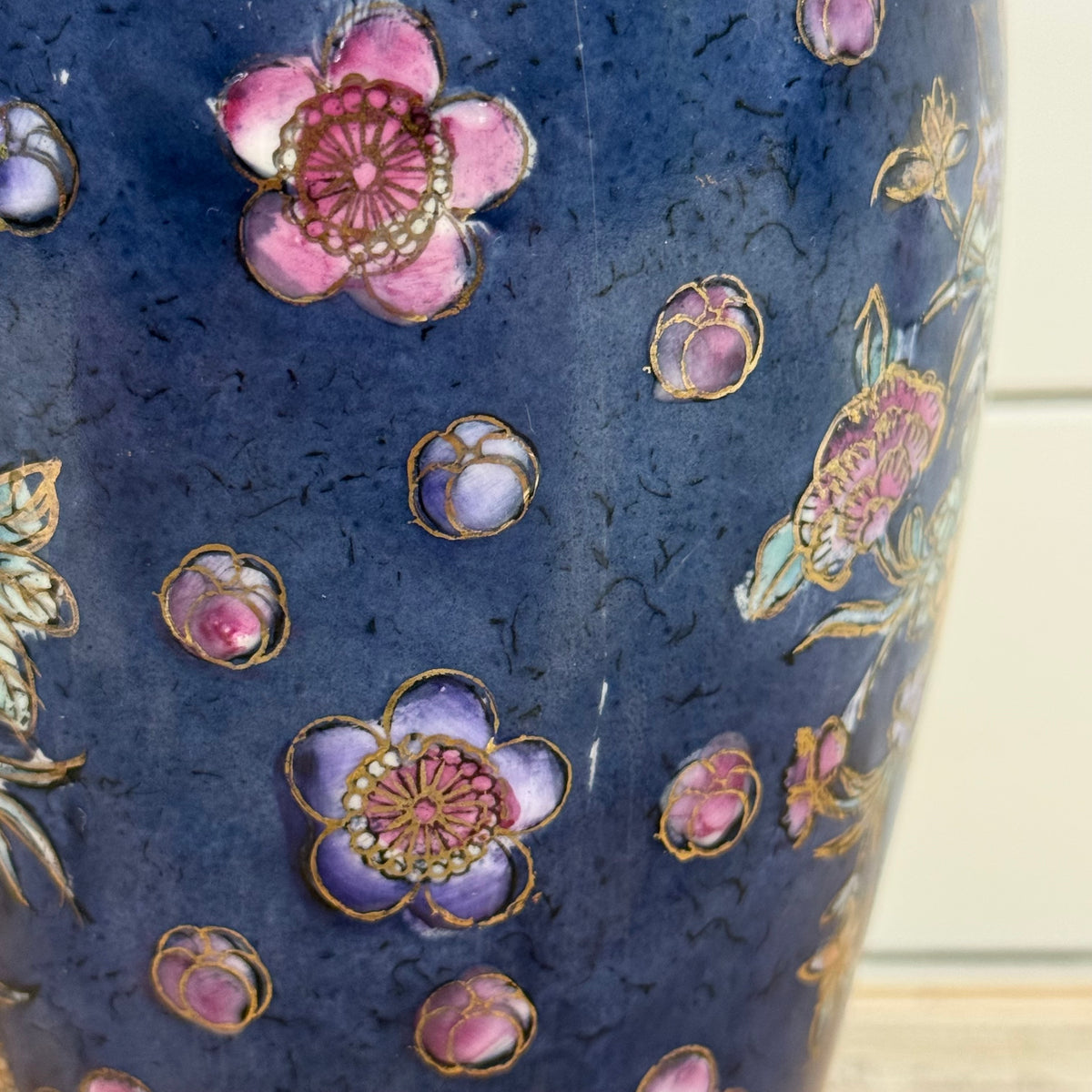 Cobalt Blue Floral Porcelain Vase Gold Trim Chinoiserie
