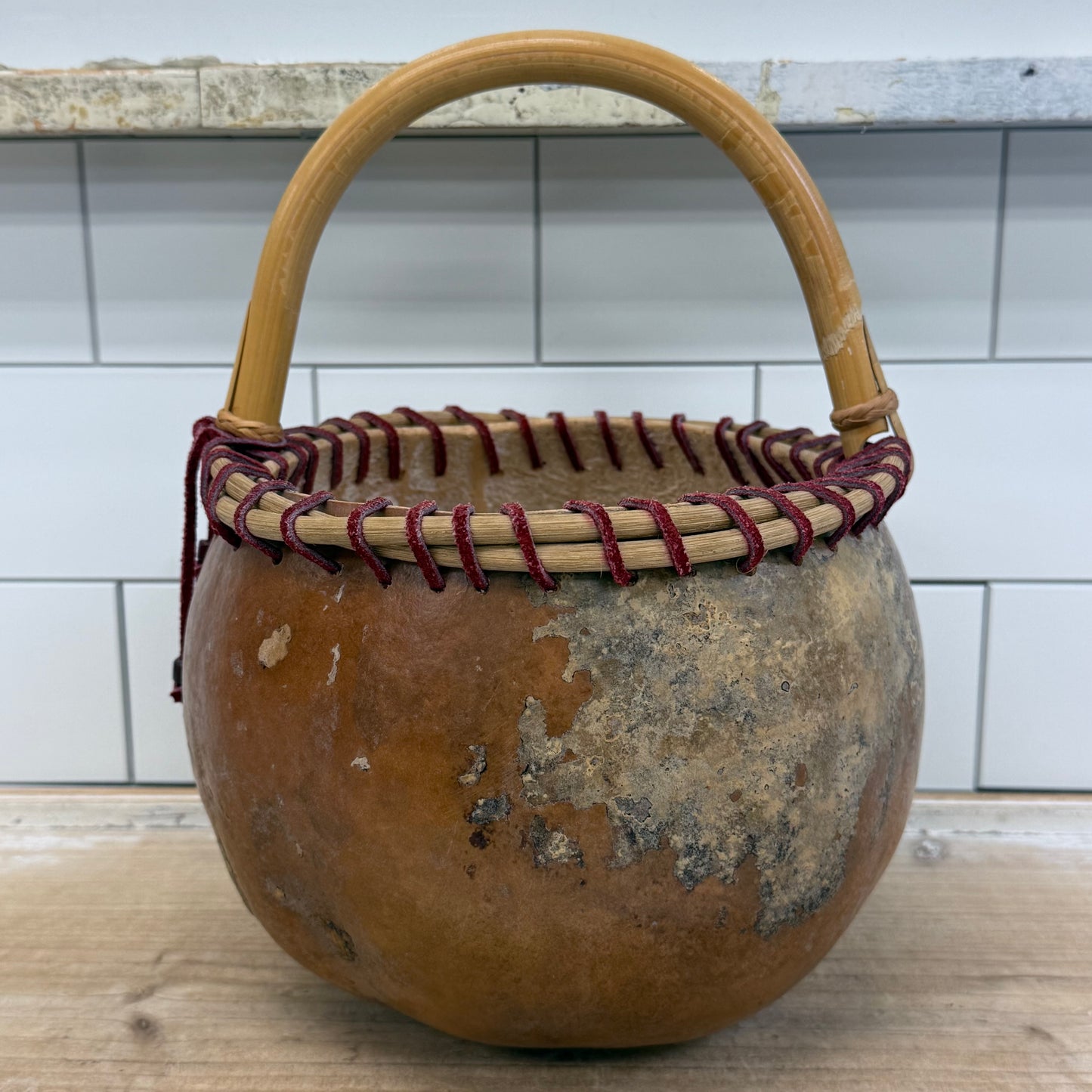 Handcrafted Signed Gourd Basket Bamboo Handle Folk Art 2000
