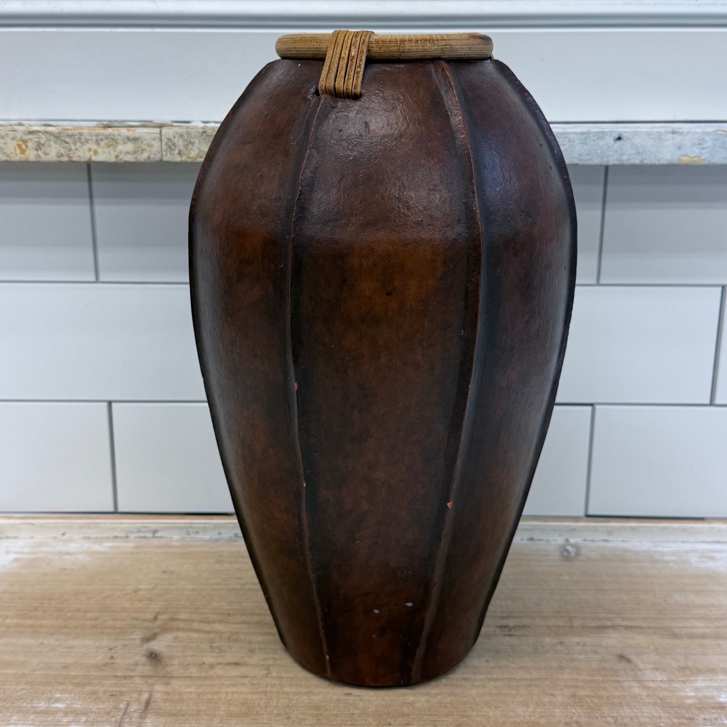 Hand Carved Philippine Wood Vase with Rattan Collar Decorative Vase