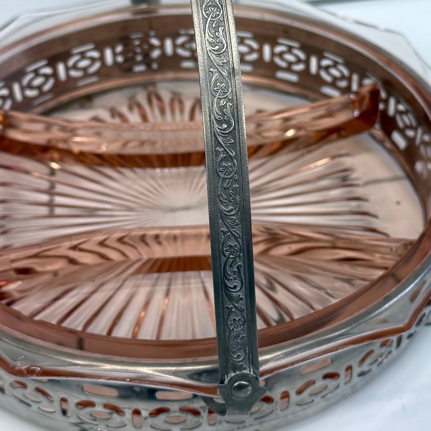 Pink Depression Glass Divided Relish Tray Carrier