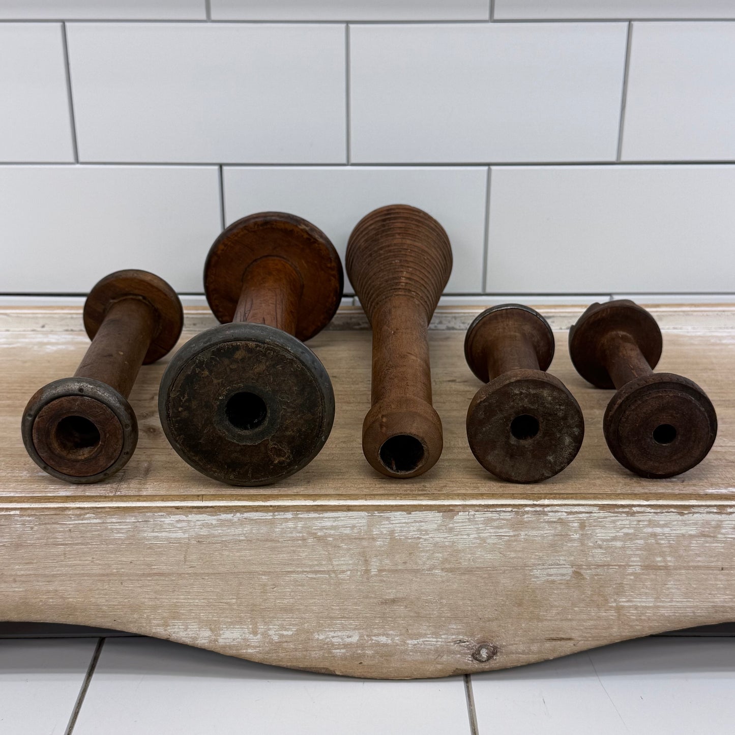 Wooden Textile Mill Bobbins Thread Spools Lot of 5