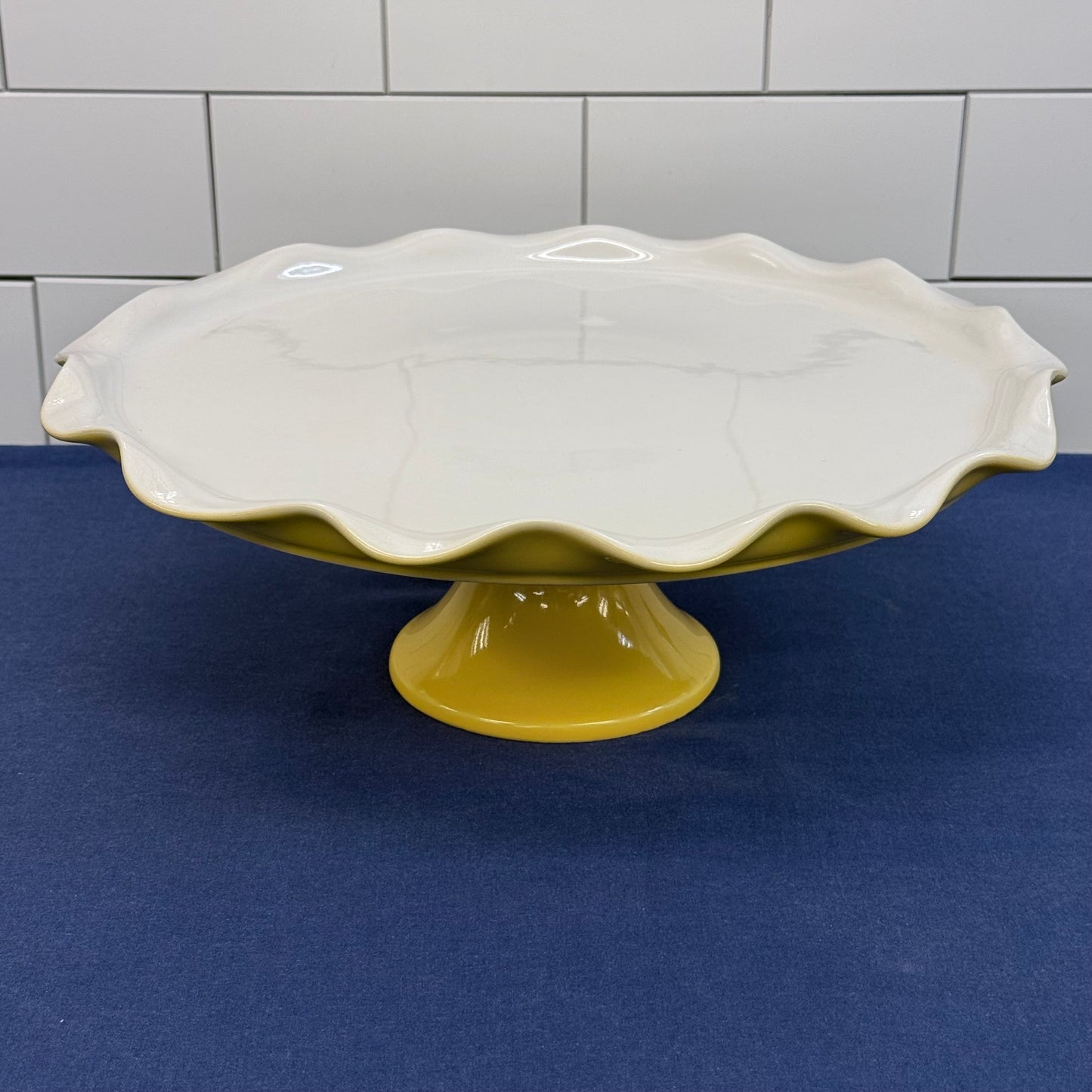 Crate & Barrel Susie Yellow Ruffled Pedestal Cake Plate 13”