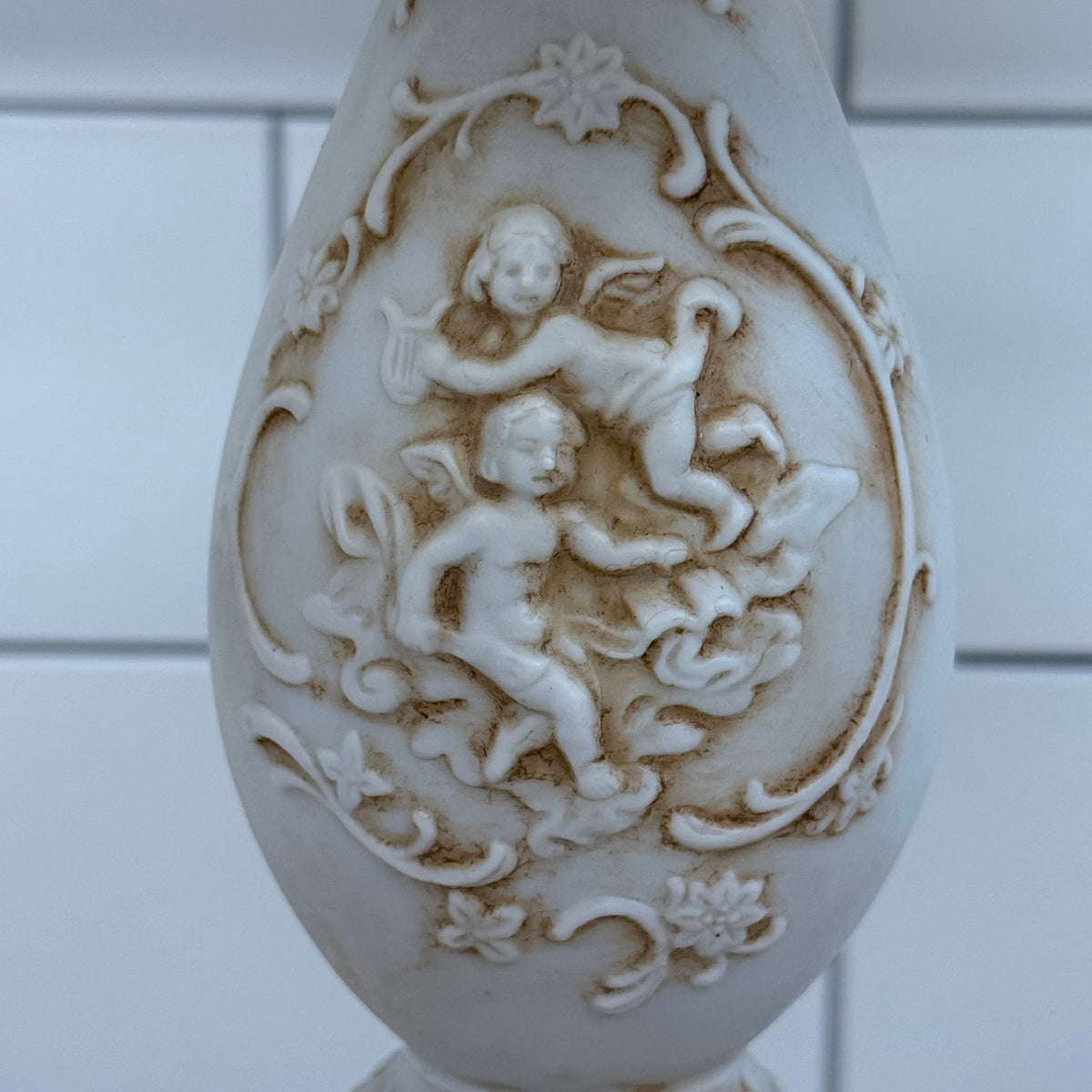Vintage Cherub Raised Relief Bisque Porcelain Table Lamp