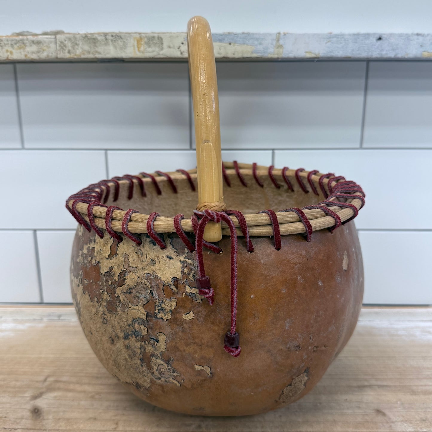 Handcrafted Signed Gourd Basket Bamboo Handle Folk Art 2000