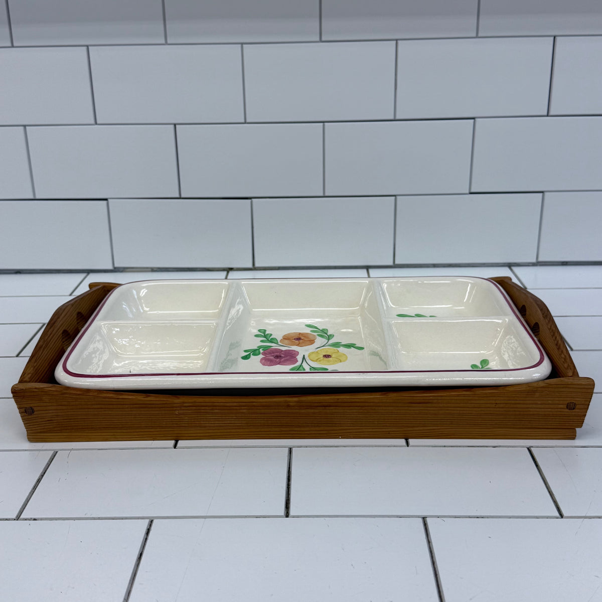 Hand Painted Floral Serving Dish with Wood Tray