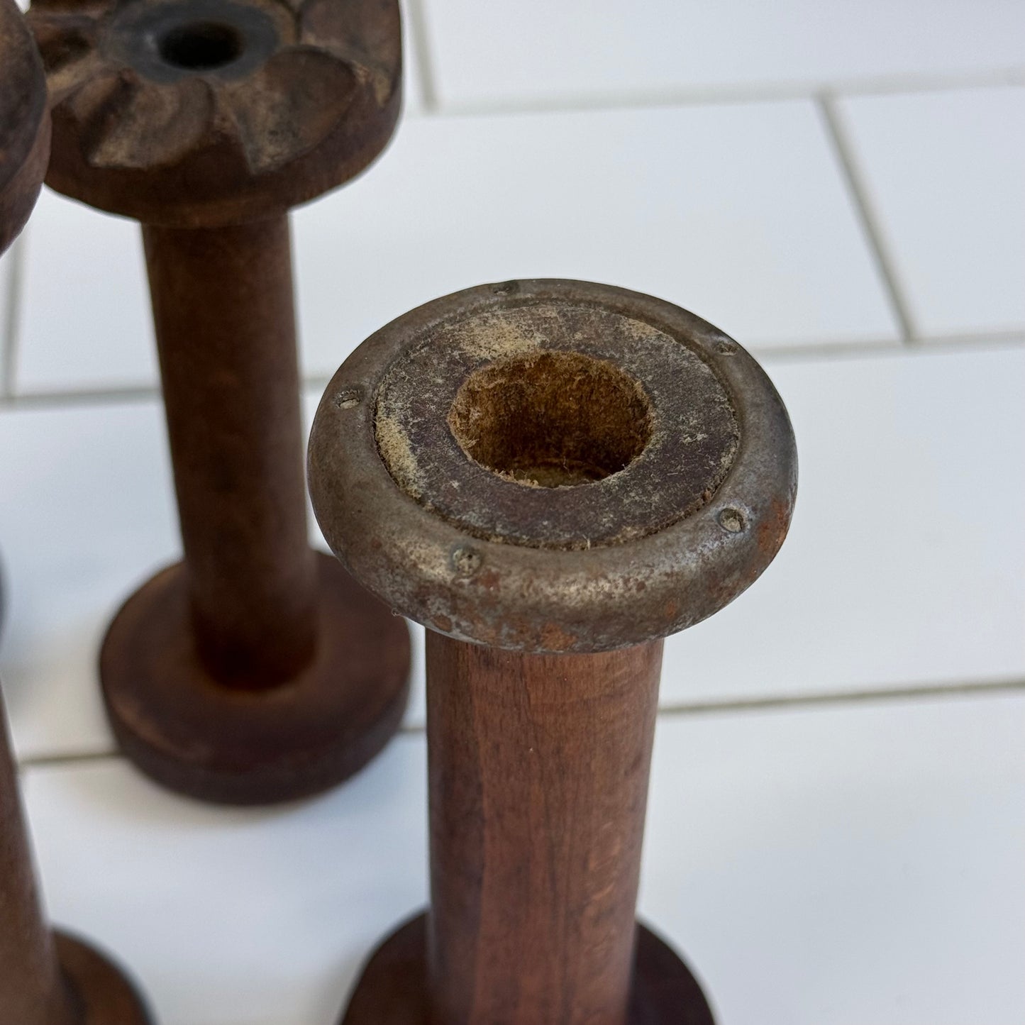 Wooden Textile Mill Bobbins Thread Spools Lot of 5