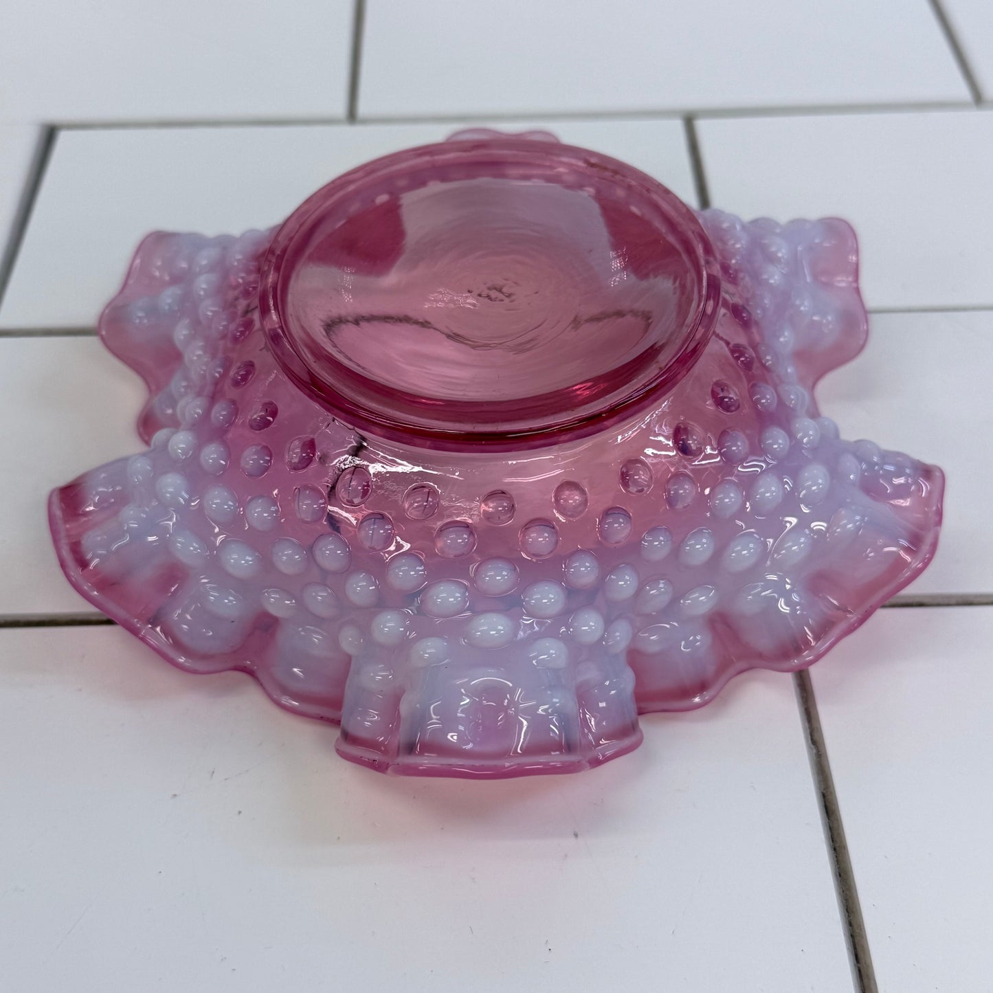 Fenton Cranberry Opalescent Hobnail Ruffled Candy Dish 6 Inch