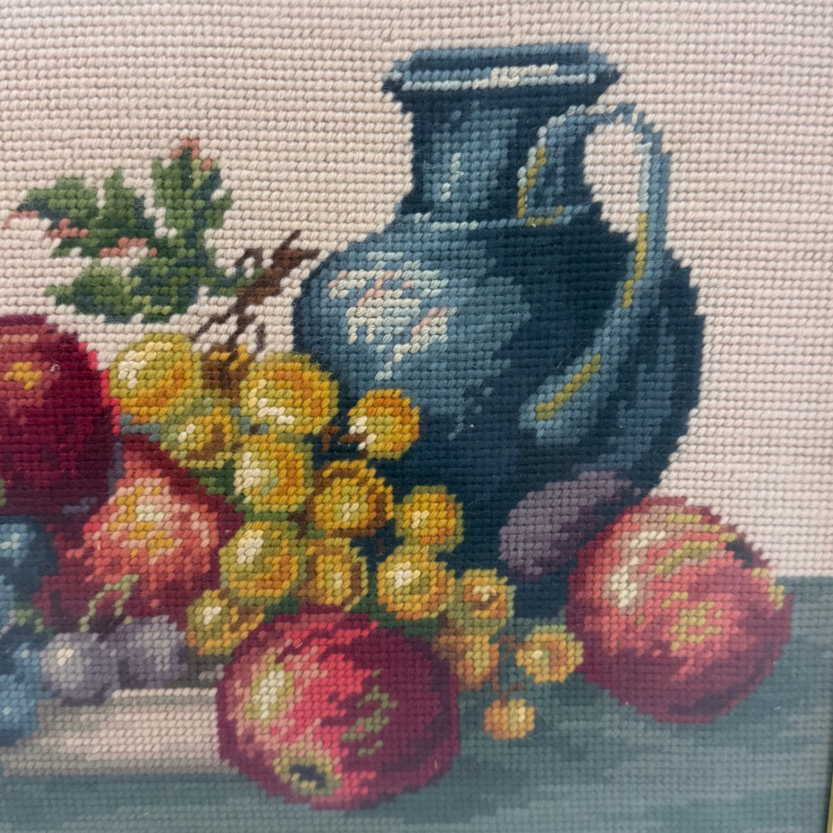Fruit Still Life with Blue Pitcher Framed Needlepoint Art