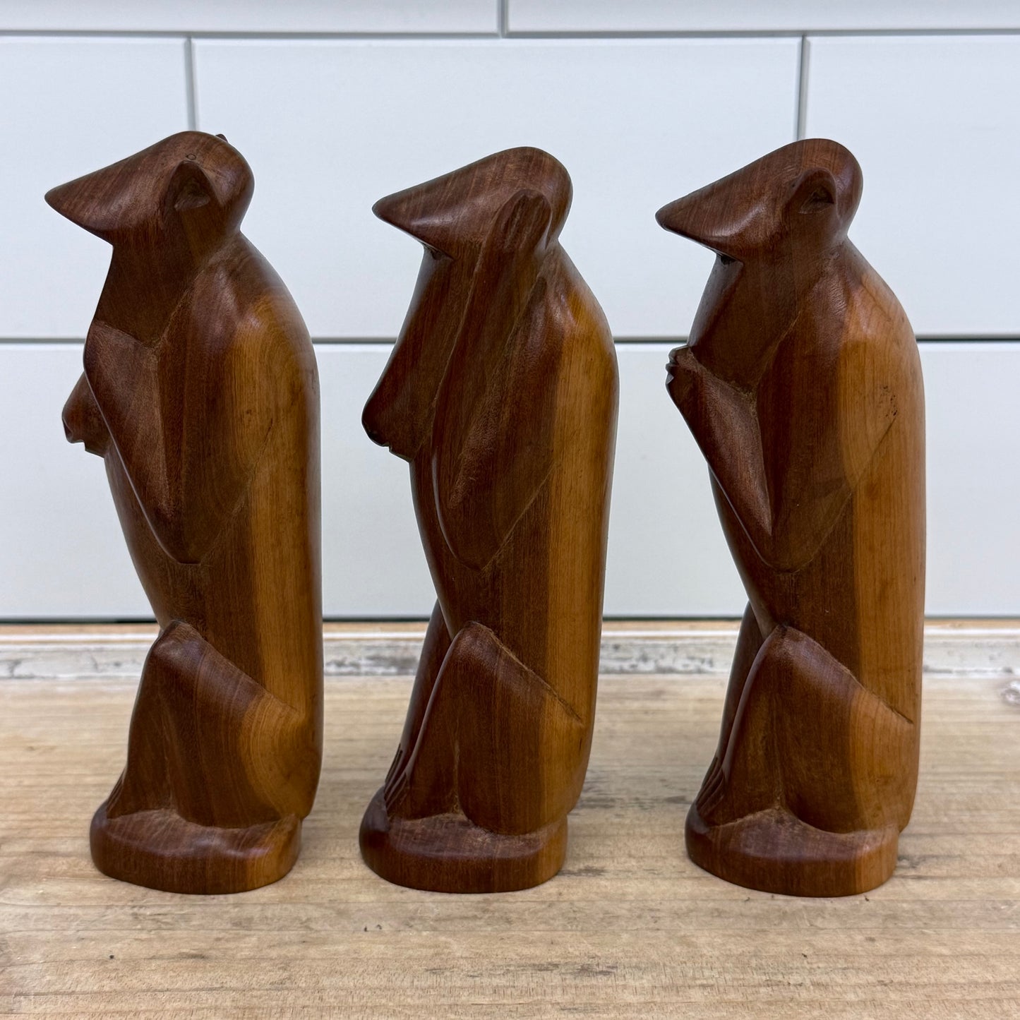 Three Wise Monkeys Carved Wood Figurines Set of 3