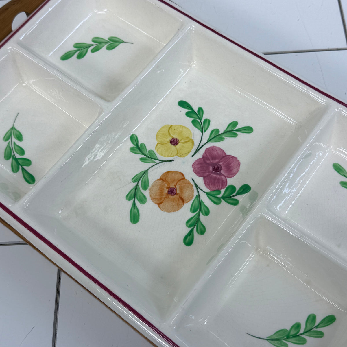 Hand Painted Floral Serving Dish with Wood Tray