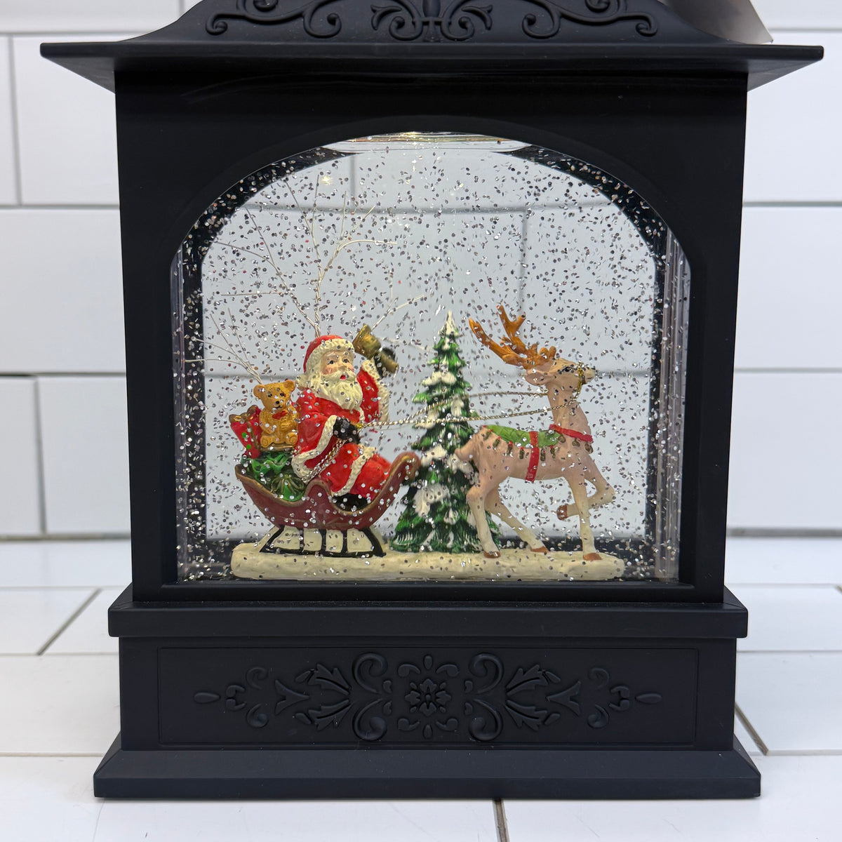 RAZ Imports Santa Reindeer Lighted Snow Globe Lantern Christmas